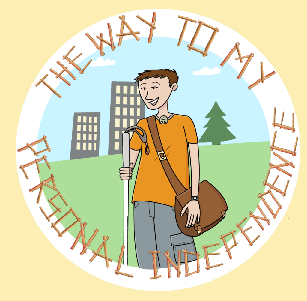 The round icon is drawn in a comic-like style and shows a young, fair-skinned man with an orange shirt and short brown hair holding a cane in his right hand. He has a brown shoulder bag and wears a [blind badge] on his neckline. In the background are two skyscrapers and a fir on a green field in front of a blue sky. Around the circle is written "The Way to my Personal Independence"