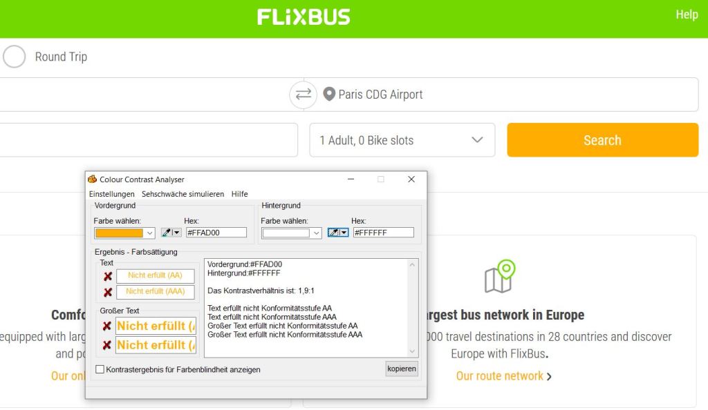 A screenshot of a yellow connection search button on the FlixBus website, an additionally displayed window of a contrast ratio analysing software shows that the requirements are "not fulfilled" here.