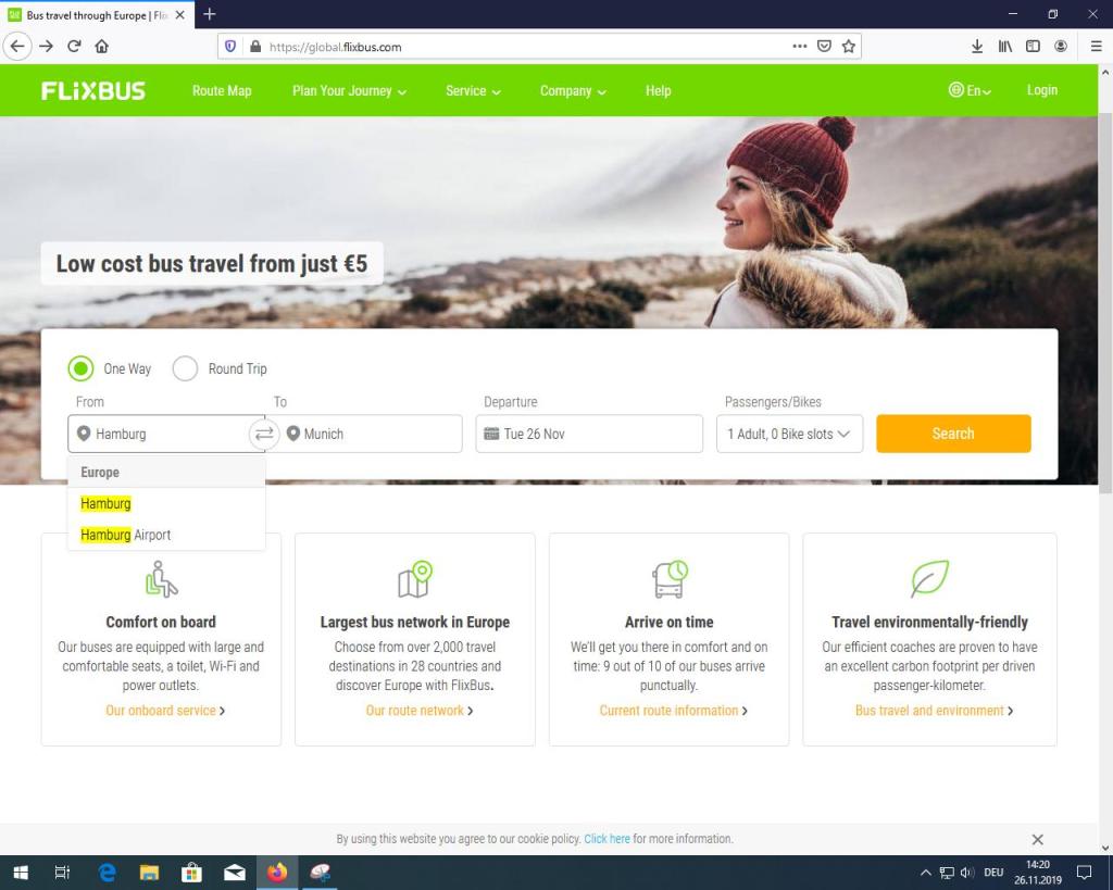 A screenshot of the FlixBus search showing the list of choices for Hamburg, as stated in the text field